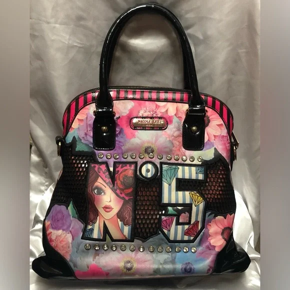 NICOLE LEE N’5 Colorful Graphic Handbag Stud Details.Woman Print, rhinestones. - Picture 1 of 11